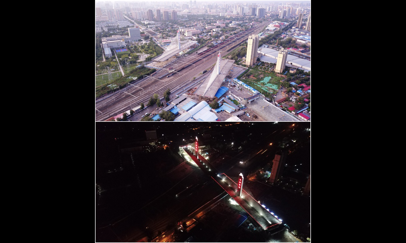 7月30日凌晨，經(jīng)過90分鐘驚心動(dòng)魄的空中“飛越”后，由中建交通建設(shè)集團(tuán)有限公司施工的重達(dá)8萬余噸超長轉(zhuǎn)體雙翼斜拉橋——河北省保定市樂凱大街橫跨京廣鐵路大橋?qū)崿F(xiàn)空中完美轉(zhuǎn)體合龍，打破了世界橋梁建設(shè)史上轉(zhuǎn)體重量、轉(zhuǎn)體跨度、轉(zhuǎn)鉸直徑的紀(jì)錄。上圖為7月29日，轉(zhuǎn)體前的保定市樂凱大街橫跨京廣鐵路大橋。下圖為7月30日，轉(zhuǎn)體后的保定市樂凱大街橫跨京廣鐵路大橋。（新華社記者 牟宇 攝）