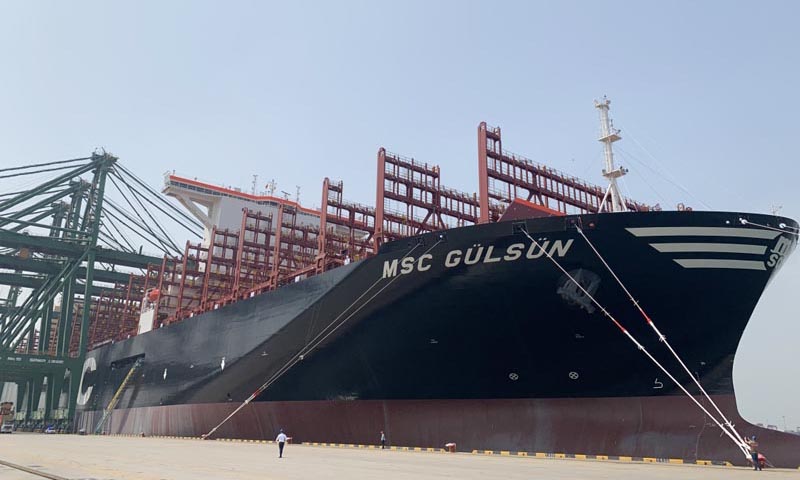 天津港是世界級(jí)人工深水大港，航道水深達(dá)負(fù)22米，30萬噸級(jí)船舶和世界最大的集裝箱貨輪可全天候自由進(jìn)出港口。這里也是新中國集裝箱運(yùn)輸事業(yè)發(fā)展的搖籃，我國第一條國際集裝箱航線和第一座集裝箱專業(yè)碼頭在天津港建成開通。圖為7月8日，“地中海古爾松”輪停泊在天津港太平洋國際集裝箱碼頭。（新華社記者 毛振華 攝）