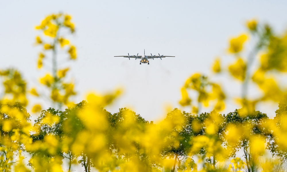 春來風光好，奮斗正當時。近年來，中國航空工業集團有限公司聚焦航空科技高水平自立自強，推動航空工業高質量發展，讓航空工業持續迸發蓬勃生機。圖為近日，運8飛機飛過漢中油菜花田。岳書華 攝