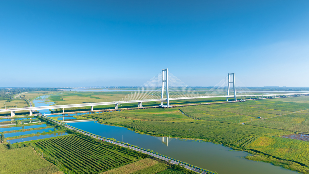 近日拍攝的河南安羅高速黃河特大橋建設現場。