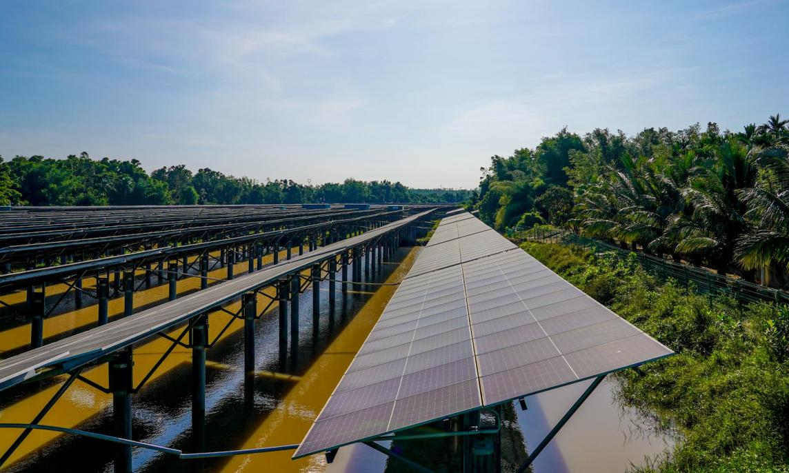 該項目所在區域的低洼部分改造變成水塘，光伏板在上部發電的同時可以降低水體溫度，提升魚塘養殖經濟效益。